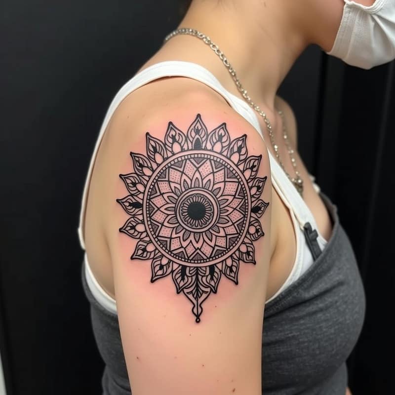 Mẫu hình xăm bắp tay mandala nghệ thuật cân bằng